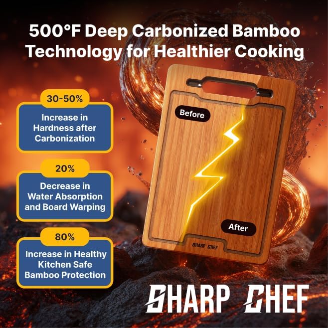 Sharp Chef Deep Carbonized Bamboo Cutting Board, Dual Sharpener – 17x12in Large Wood Cutting Board with Juice Groove, Dishwasher Safe, Giftable – Durable & Reversible Wooden Chopping Block for Kitchen