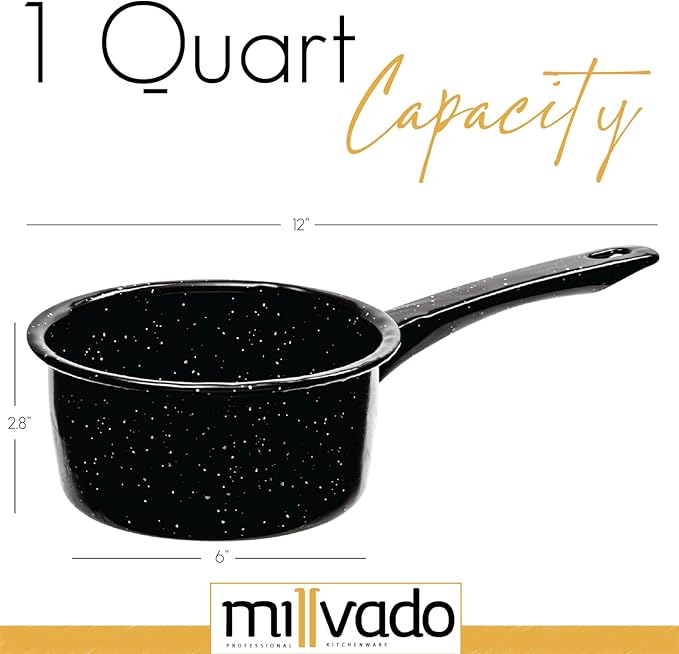 Millvado Granite 1 Quart Saucepan, Naturally Nonstick Sauce Pots, Speckled Enamel Cookware, Small Sauce Pan for Cooking and Boiling, Granite Cooking Pot for Stovetop, Campfire, Outdoor Stove