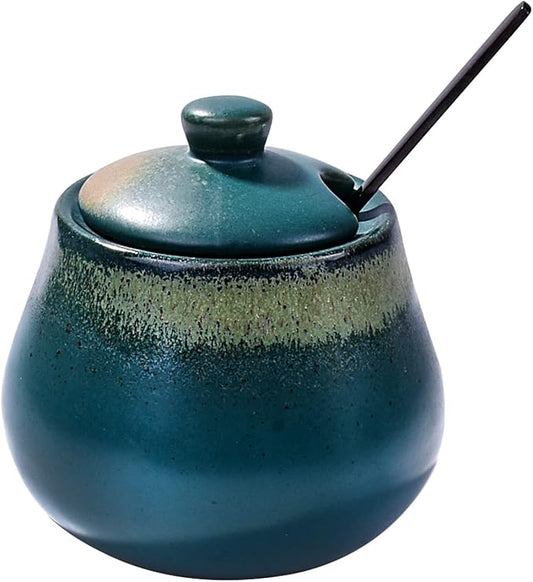 Green Ceramic Sugar Bowls with Spoon Porcelain Salt Container with Lid for Home and Kitchen