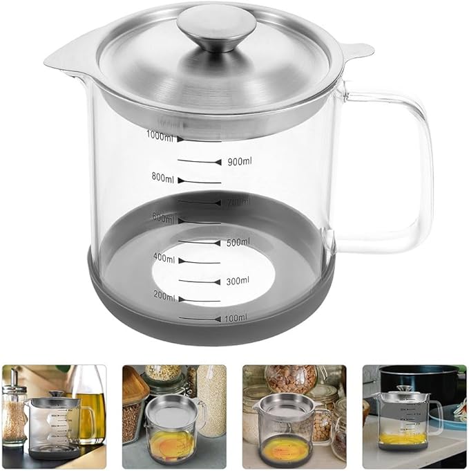 Grease Container with Fine Mesh Strainer 33.80Oz Bacon Grease can for Kitchen Oil Filtering and Storage with Handle for Cooking and Food Preparation