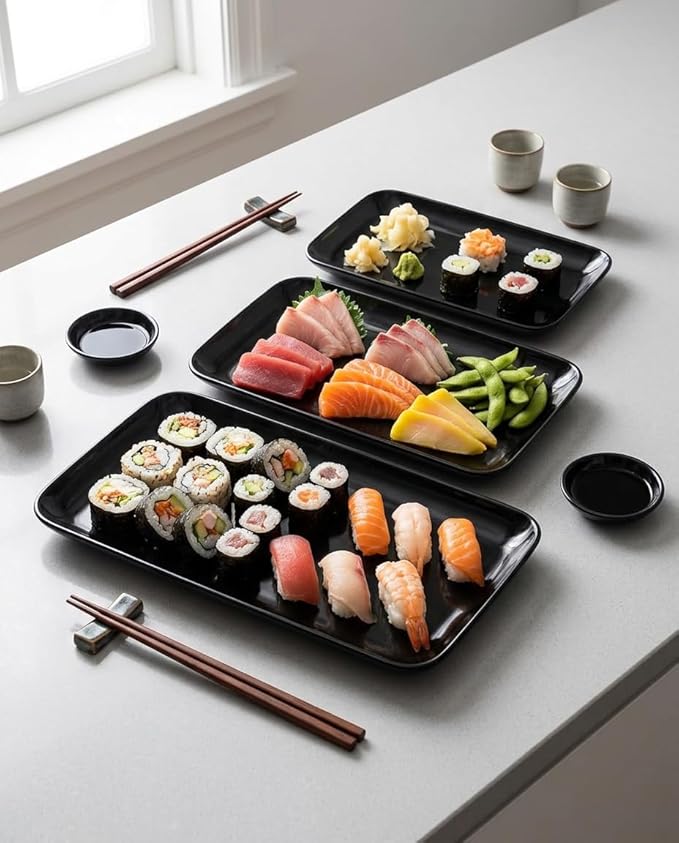 DELLING Large Serving Platter, 16/14/12inch Black Serving Tray Set- Rectangular Serving Platters for Party, Entertaining, Turkey Platter for Thanksgiving, Christmas, Microwave Dishwasher Oven Safe