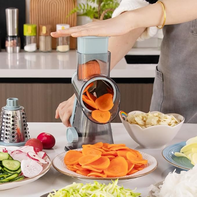 Cheese Grater Hand Crank Rotary Vegetables Shredder with Handle, 3-in-1 Graters with Interchangeable Blades and Non-slip Base Multifunctional Slicer for Kitchen