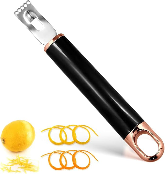 Stainless Steel Channel Knife, Multifunctional Lemon Zester Fruit Peeler with Hanging Loop Lemon Twist Peeler Fruit Peeler Citrus Zester Tool for Cocktail Kitchen Home Bar (Black Gold)