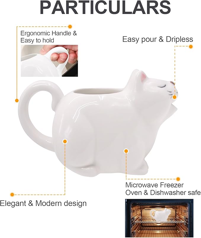 Large 23Oz Cat Gravy Boat,With Hand Painted White Fine Porcelain Saucier With Big Dripless Lip Spout |For Gravy, Warming Sauces, Salad Dressings, Milk, More Microwave & Freezer Safe