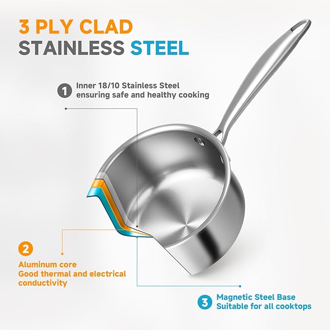 Ohtomber Stainless Steel Sauce Pan - Tri-Ply 1.5 Quarts Steamer for Cooking, Small Cooking Pot with Steamer Basket, Sauce Pan with Lid, Non Stick Saucepan, Induction Steam Pot for Vegetable, Oatmeal