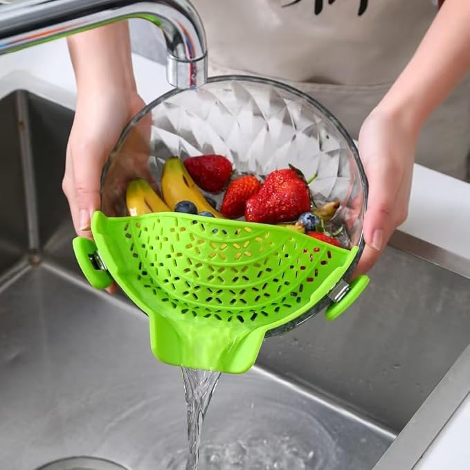 Universal Clip On Pot Strainer - Heat Resistant Silicone Snap-on Drainer & Colander for Pasta, Grease & Vegetables, Hands-Free Kitchen Gadget for Pans & Bowls, Space-Saving & Dishwasher Safe
