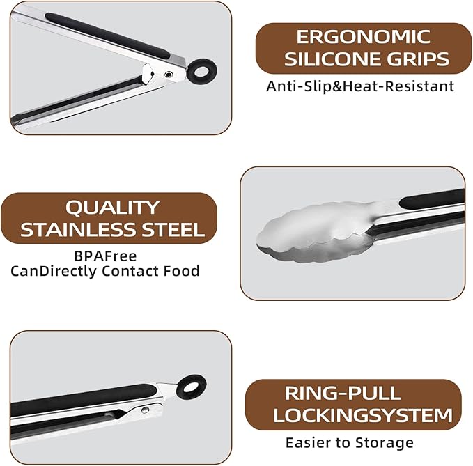 12 Pcs Stainless Steel Kitchen Tongs, 7/9/12 Inch High Heat Resistant Cooking & Serving Tongs with Locking for Grill Salad