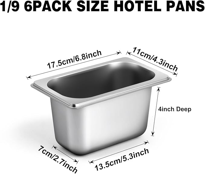 West Bay 6 Pack 1/9 Size Hotel Pan with Lids, 4'' Deep Steam Table Pan with Lid, 5.3'L x 2.7''W Stainless Steel Pans for Home, Party, Hotel, Buffet