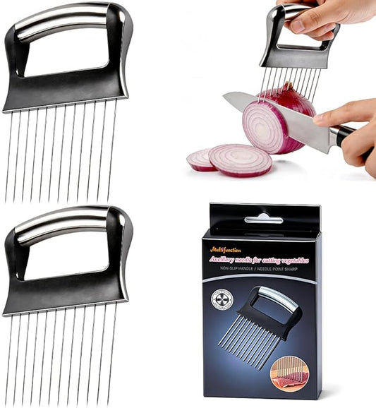 2026 New Onion Slice Holder, Stainless Steel Onion Holder for Slicing, Chopper Assistant Tool Multi-Use Vegetable Chopper for Onions Tomatoes Avocados Potato Eggs Kiwifruit Meat Lemon (2pcs)