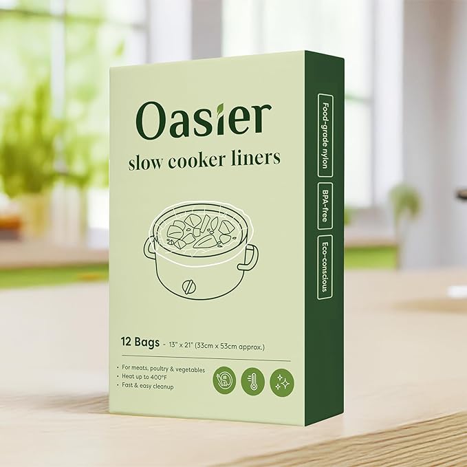 Oasier Slow Cooker Liners, Disposable Oval Large Size 13" x 21", 12 Count, Fits 3-8 Quart Pot Cooking Bags for Easy Cleanup, Food Safe & Leak-Proof
