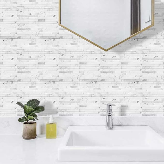 DICOFUN 1 Sheet Peel and Stick Backsplash Tile, Faux White Marble Look PVC Mixed Metal Stick on Backsplash Tiles for Kitchen