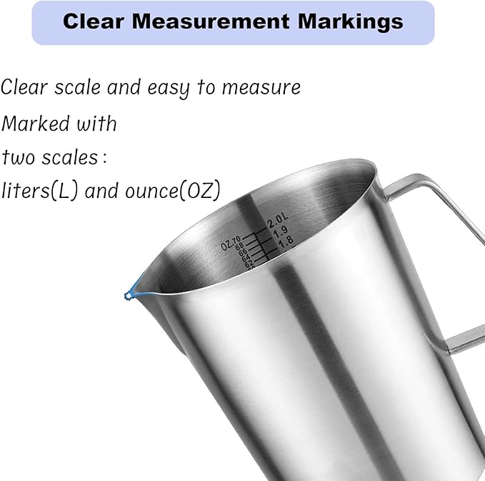 2L Measuring Cup, 304 Stainless Steel Pitcher with Lid, Liter/Oz Marking and Handle, Large Mouth Graduated Beaker, Food-grade Metal Milk Frothing Pitcher (70Oz 8 Cup)
