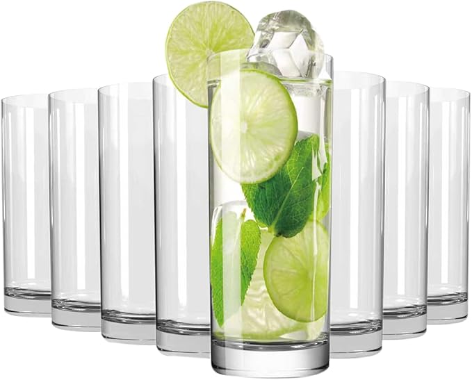 Drinking Glasses Set of 8, 16oz Glass Cups, Kitchen Highball Glasses for Beer, Juice and Cocktail, Collins Water Glasses for Bar Glassware, Unique Gifts for Christmas