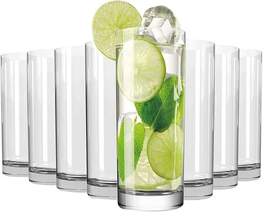 Drinking Glasses Set of 8, 16oz Glass Cups, Kitchen Highball Glasses for Beer, Juice and Cocktail, Collins Water Glasses for Bar Glassware, Unique Gifts for Christmas