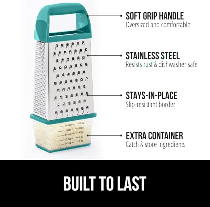 GORILLA GRIP 4-Sided Stainless Steel Cheese Grater With Container, 100% BPA-Free Box Grater, Slip Resistant Base and Handle, Grate Parmesan, Hard Cheeses, Shred Veggies, Dishwasher Safe, Turquoise