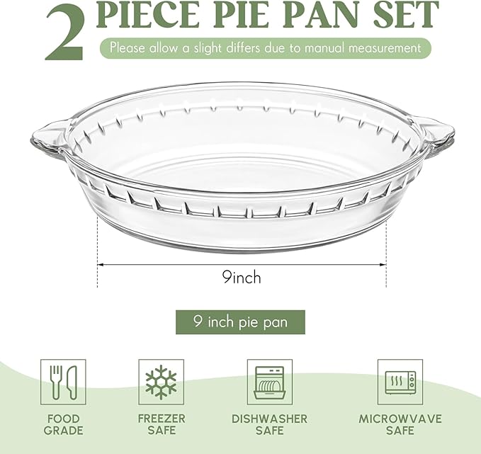 Uiifan 2 Packs 9 Inches Mini Glass Pie Pan for Baking Clear Pie Plate with Handles Round Glass Dish for Baking and Serving, Snacks, Salads, Desserts