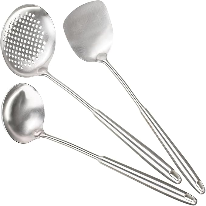 Berglander Wok Spatula Set, Stainless Steel Kitchen Cooking Utensils - 17" Wok Tools: Spatula, Ladle, Skimmer