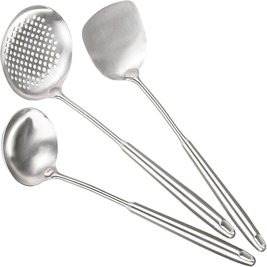 Berglander Wok Spatula Set, Stainless Steel Kitchen Cooking Utensils - 17" Wok Tools: Spatula, Ladle, Skimmer
