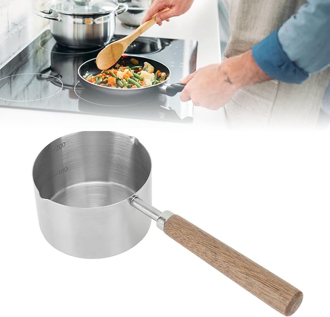 Alomejor Small Sauce Pan, 304 Stainless Steel Butter Warmer with Walnut Handle, 200ml Flat Bottom Pot for Melting Butter and Camping Cooking