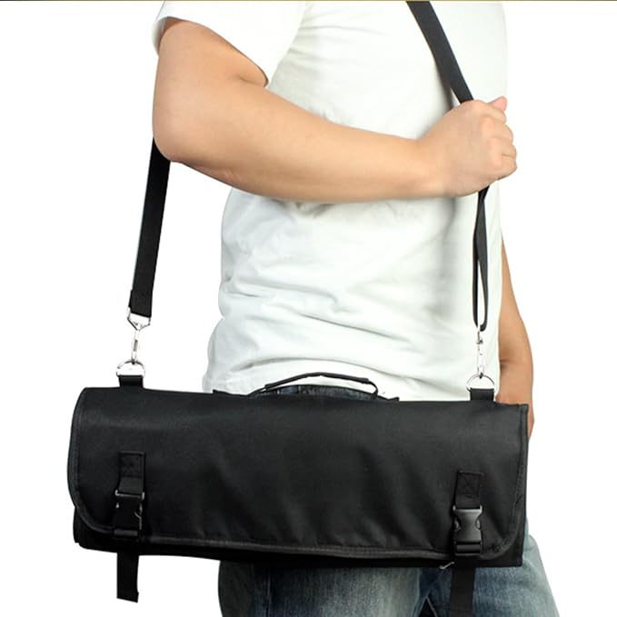 Tosnail Chef Knife Roll Bag with Carry Handle and Shoulder Strap, Large Capacity Kitchen Knife Storage Bag, Portable Knife Carrying Case with Double Folded Design, Black