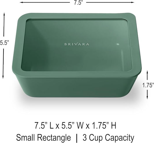 Ceramic Coated Glass Food Storage Container | No PTFE, PFOA, PFAS, and BPA | Reusable Non Toxic Meal Prep Container with Glass Lid | Easy To Store | 3 Cup Rectangle [Pine]