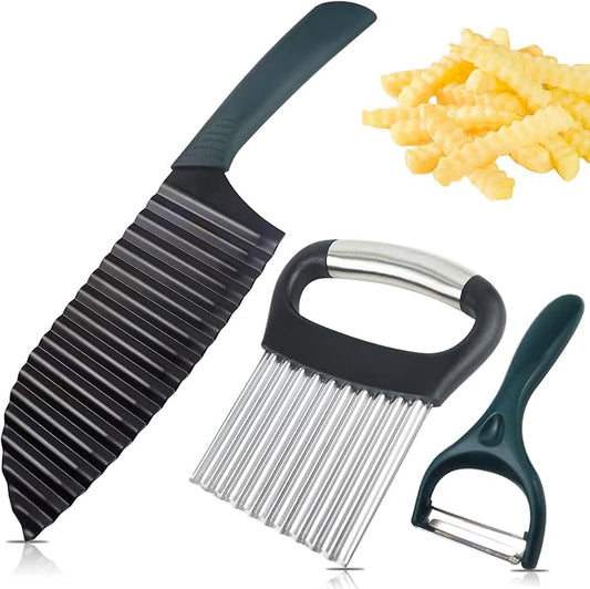 2PCS Crinkle Cutter Knife with Peeler, Crinkle Cutter for Veggies Wave Chopper Stainless Steel Crinkle Cut Fry Cutter with Handle for Veggies Fruit, Set of 3