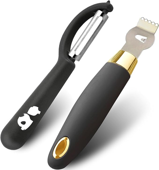 Lemon Zester Tool with Channel Knife Citrus Twist Making Tool Ergonomic Curved Handle Gold-Black