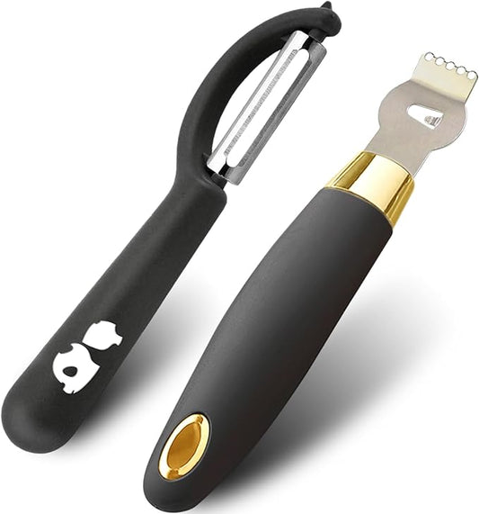 Lemon Zester Tool with Channel Knife Citrus Twist Making Tool Ergonomic Curved Handle Gold-Black
