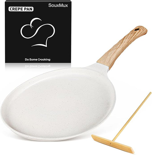 SouxMux Nonstick 11-Inch Crepe Pan with Spreader, Ceramic Coated Dosa Tawa Pan, Induction Compatible Flat Skillet for Pancakes, Omelettes, and More with Cool Handle, PFOA Free