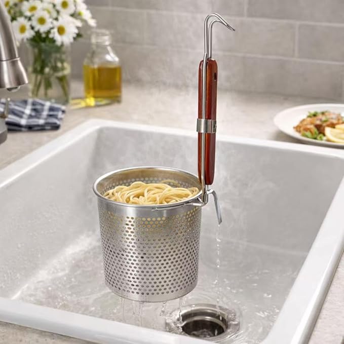 2 Pcs Stainless Steel Pasta Basket with Wood Handle Pasta Strainer Kitchen Mesh Spider Noodle Strainer Skimmer Food Dumpling Noodle Blanching Basket