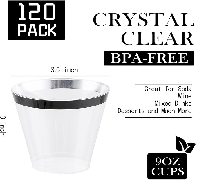 WELLIFE 120 PCS Black Plastic Cups,Disposable Cocktail Glasses,Plastic Wine Glasses Disposable,9 oz Clear Cups for Party