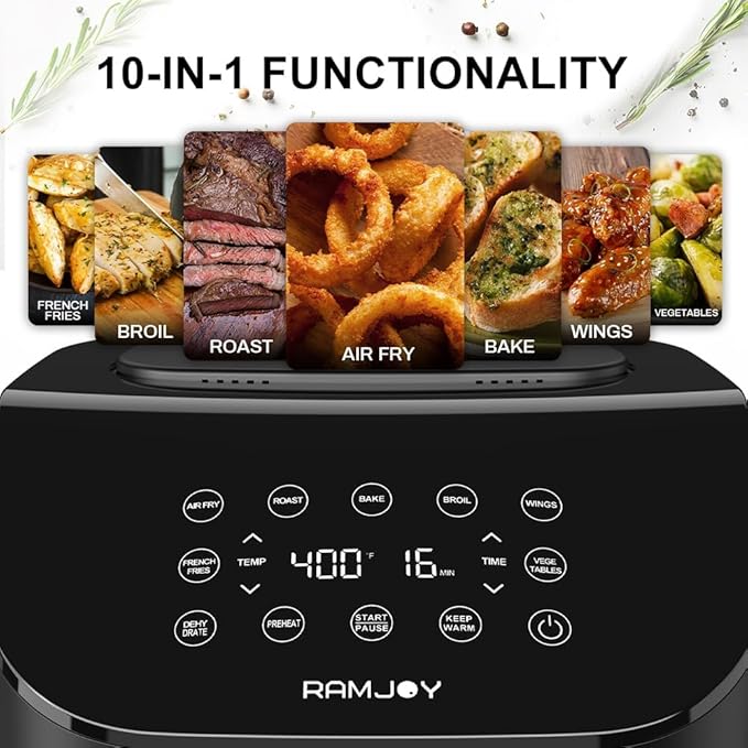 RAMJOY Air Fryer 6.8 Quarts, 10-in-1 Functions, Air Fry, Roast, Bake, Broil, Dehydrate, Large & Compact Air Fryers, Nonstick & Dishwasher-Safe Airfryer Basket, Stainless Steel Air Fryer, Metal Grey