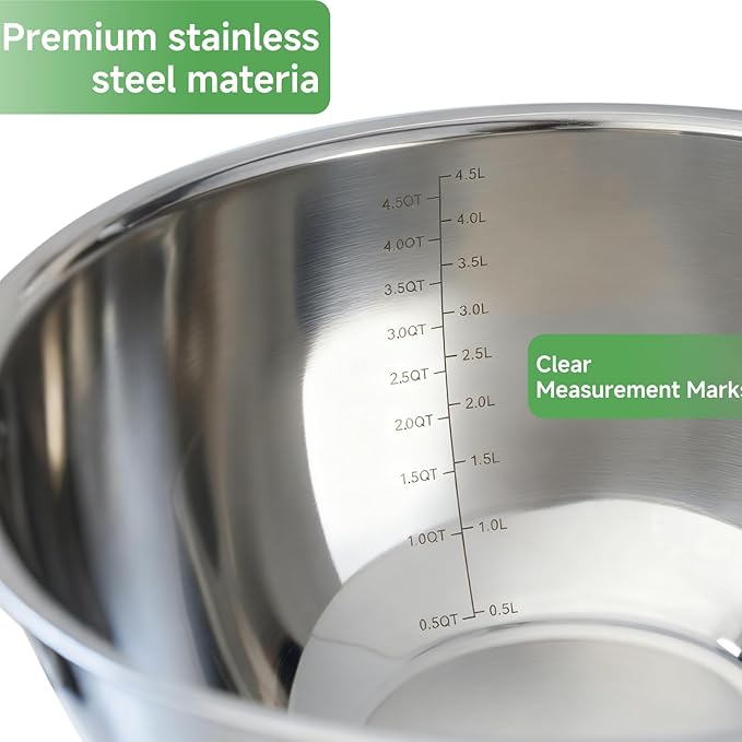Mixing Bowls with Airtight Lids, Clear Lid with Valve, Stainless Steel Nesting Bowl Set, 3-Piece Bowls(1.5/3/5 QT), Measurement Marks, Non-Slip Silicone Base, Dishwasher Safe, Food Prep & Storage