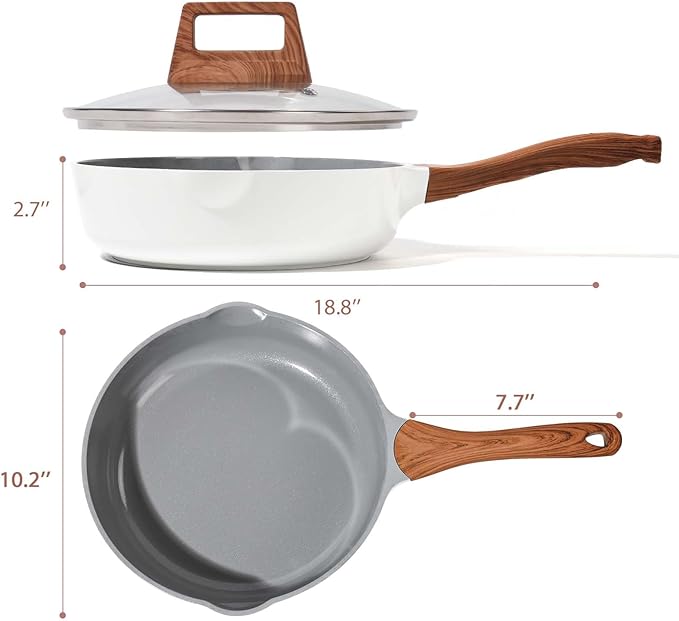 SC Cooker Nonstick Ceramic Frying Pan With Lid, 10 Inches Deep Frying Pan Non Stick Skillet With Pour Spout, Non Toxic Cookware for Stove, Induction, Gas, PB/CD/PFOA Free (White,10 Inches)
