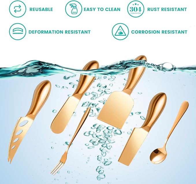 Rose Gold Cheese Knife Set, Cheese Butter Spreader Knife Slicer knives With Serving Tongs, Spoons, Forks, Flags Cheese Markers, Wooden Honey Dipper For Charcuterie Board Accessories