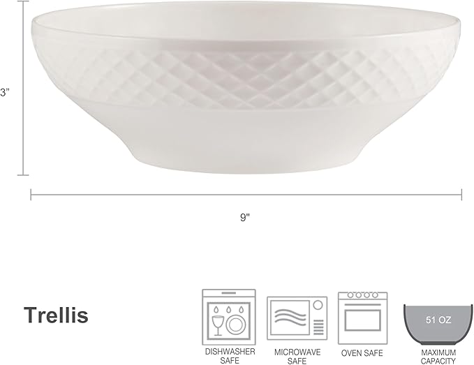Mikasa Trellis White Bone China Lightweight Chip Resistant Vegetable Serving Bowl, White