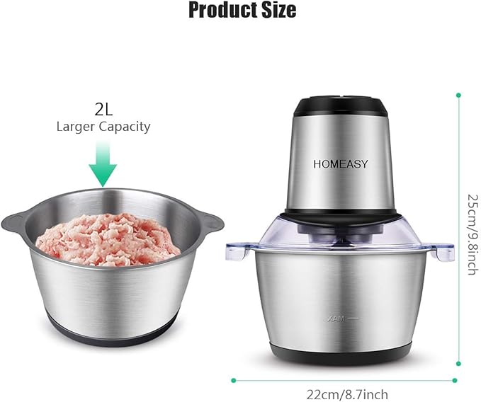 HOMEASY Meat Grinder Electric, Food Processor 2L Stainless Steel Meat Blender Food Chopper for Meat, Vegetables, Fruits and Nuts with 4 Sharp Blades, 350W, 8 Cups