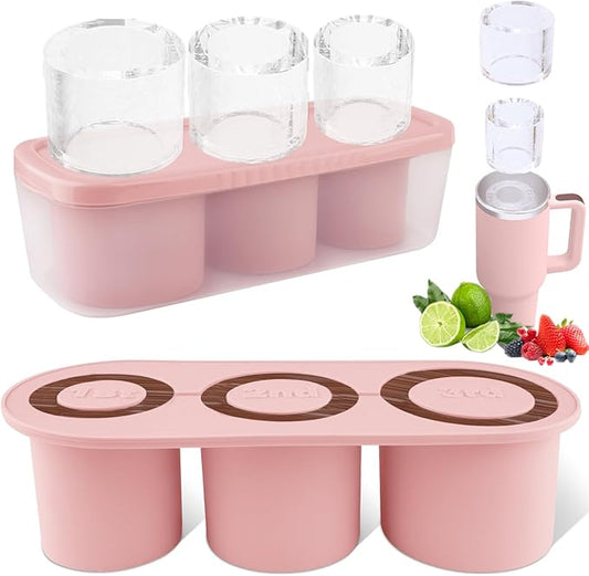 Fu Store Ice Cube Tray for Tumbler Cup 30-40 oz Tumbler 3pcs Silicone Ice Cube Molds With Lid and Bin for Chilling Cocktails Whiskey Drinks Juice Coffee Easy Fill and Release Ice Maker (Pink，40 oz)