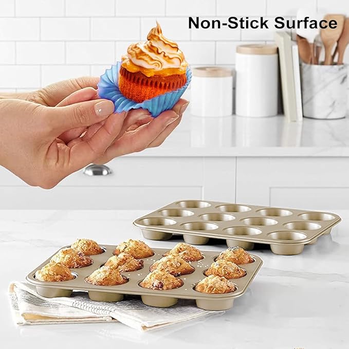YUNYDSM Muffin Pan, Cupcake Pan, Set of 2, 12-Cup Muffin Tin, Non-Stick Bakeware, Easy to Release and Clean, Baking Molds, Muffin Tray, Molds for Homemade Cupcakes & Muffins (Gold)