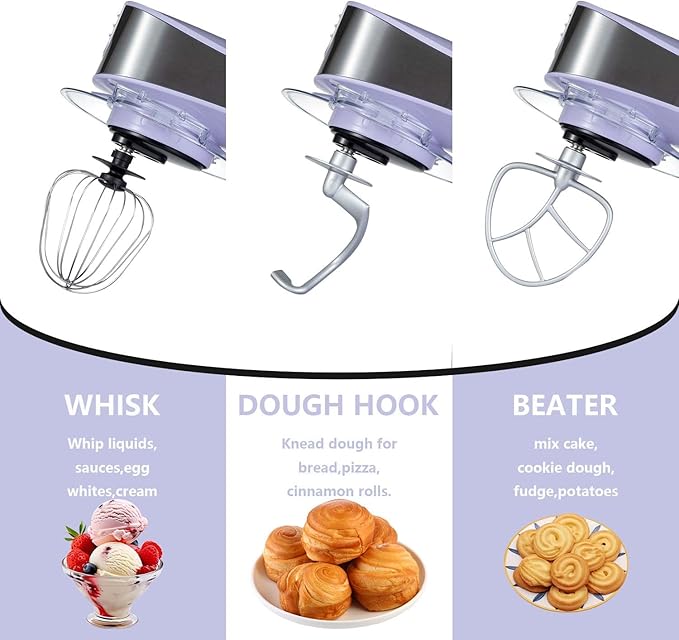 SeaSpark Multifunctional Stand Mixer, 6 in 1 Stand Mixer, 6.3Qt Tilt-head, Standing Mixer with Stainless Steel Bowl, Meat Grinder, Juice Blender, for professional Baking and Most Home Cooks, Purple