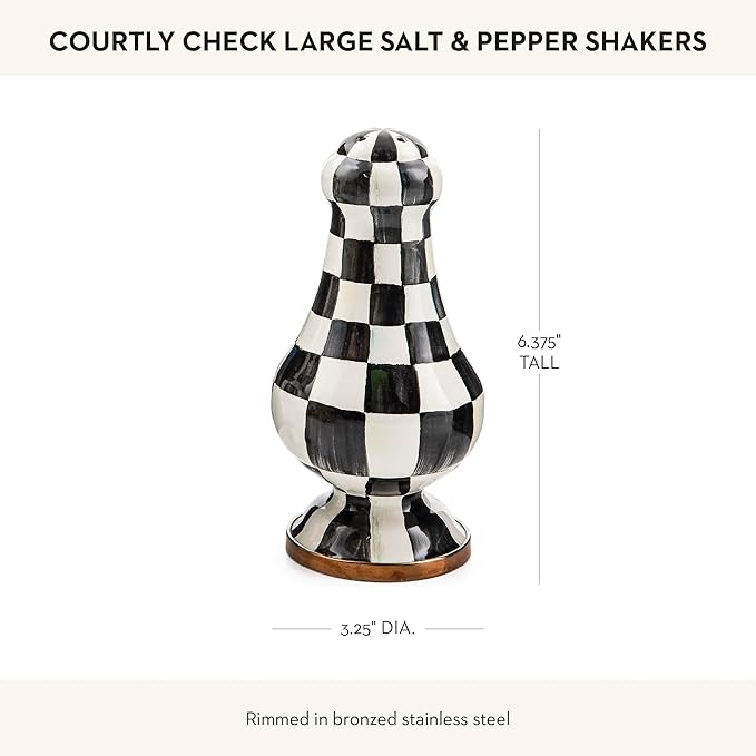 MACKENZIE-CHILDS Enamel Salt and Pepper Shakers, Kitchen Table Spice Shaker Set, Black-and-White Courtly Check, Large