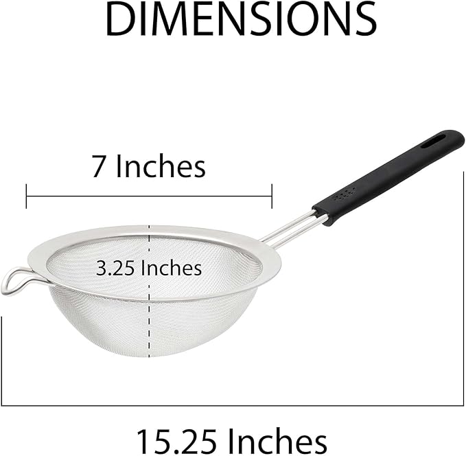 HIC Kitchen Fine Mesh Strainer With Support Handle, Stainless Steel And Silicone Handle, 7-Inch, For Sifting Baking Ingredients, Straining, And Draining Soups, Stocks, And Sauces