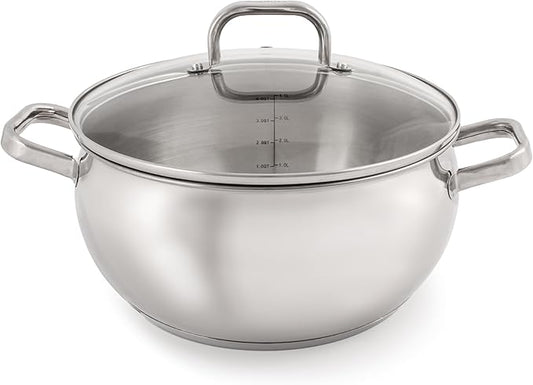 BergHOFF Belly Shape 18/10 Stainless Steel 9.5 inches Stockpot 5.5qt., Glass Lid with Steam Vent, Fast, Evenly Heat, Induction Cooktop Ready