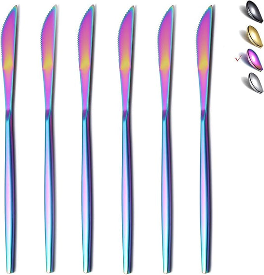 HOMQUEN Dinner Knives 6 Piece, Stainless Steel Matt Rainbow Dinner Knife, Sturdy butter knife, Modern Design butter knives, Dishwasher Safe (Matt Colorful-8.9 Inch)