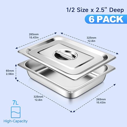 Hotel Pan With Lids 1/2 Size 2-1/2 Inch Deep Stainless Steel Chafing Dishes for Buffet, Steam Table Pan, Metal Commercial Food Pans for Food Prep/Serving (6 Pack, Half Size 1/2 x 2-1/2" Deep)