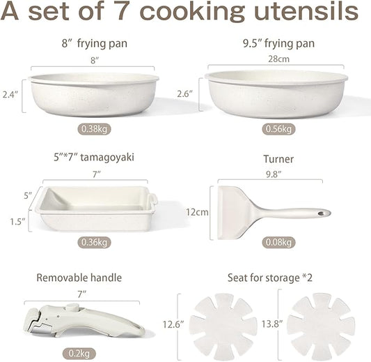 GiPP Ceramic Pots and Pans Set Non Stick, Nonstick Detachable Handle Cookware Sets, Non Toxic Induction Kitchen Pot and Pan with Removable Handle, Healthy RV Cookware, Dishwasher ＆Oven Safe, 7 Piece