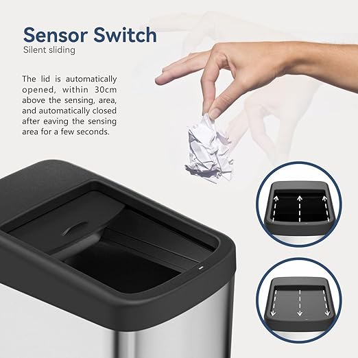 ELLO&ALLO 13 Gallon Automatic Touchless Motion Sensor Kitchen Trash Can with Roll Up Lid, Wheels, Brushed Stainless Steel Finish, Rectangular