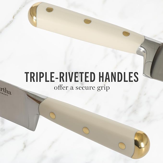 Martha Stewart 16 Piece Lockton High Carbon Stainless Steel Cutlery Kitchen Knife Block Set W/ABS Tripe Riveted Forged Handle Acacia Wood Block - Linen White W/Gold