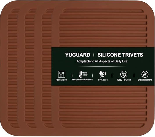 4 - Pack Multi - Purpose Silicone Mats | Heat Resistant Pot Holders for Kitchen | Non - Slip Hot Pads for Hot Pots, Pans & Quartz Countertops | Gray Kitchen Mats (Brown)