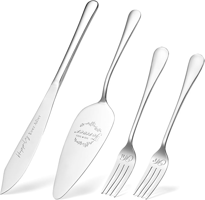 Galaxozent Wedding Presents for Couples, Sliver Wedding Cake Knife and Server Set, Cake Cutting Set, Bridal Shower Anniversary Engagement Presents For Mr and Mrs Set of 4